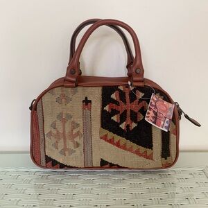 Vintage Turkish Kilim Wool & Leather Top Handle/Crossbody Bag